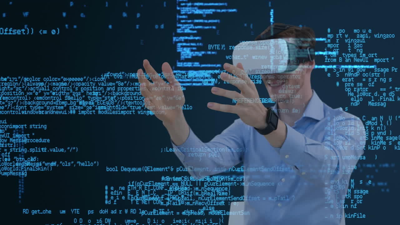 Using virtual reality headset, man interacting with digital animation of blue lines