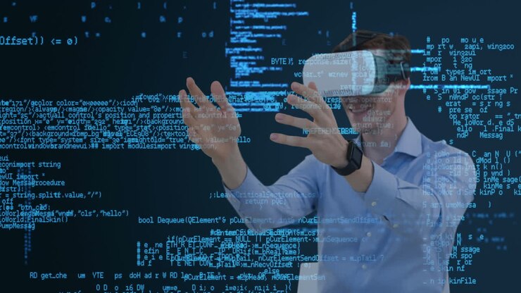 Using virtual reality headset, man interacting with digital animation of blue lines