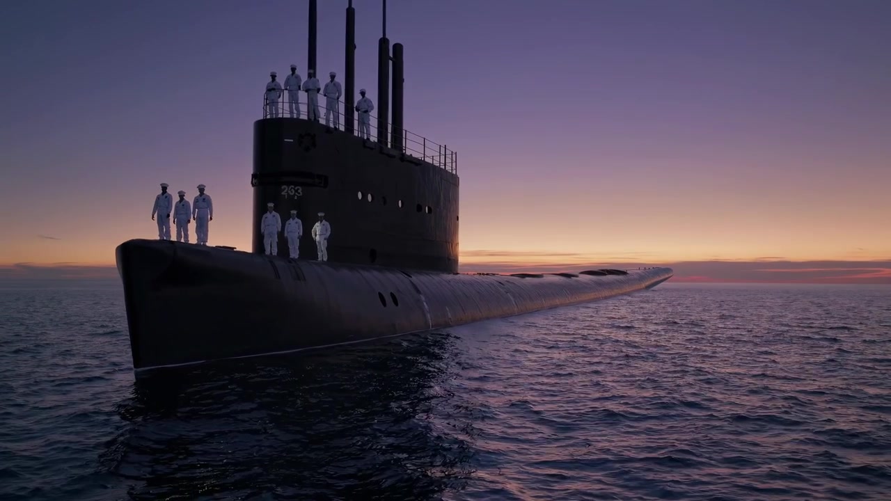 Naval Officers Standing on Submarine Deck at Sunset