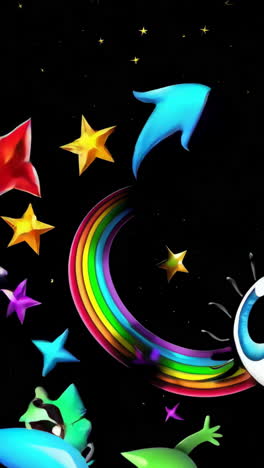 vibrant cosmic fantasy with stars, floating eyes, and playful green figures