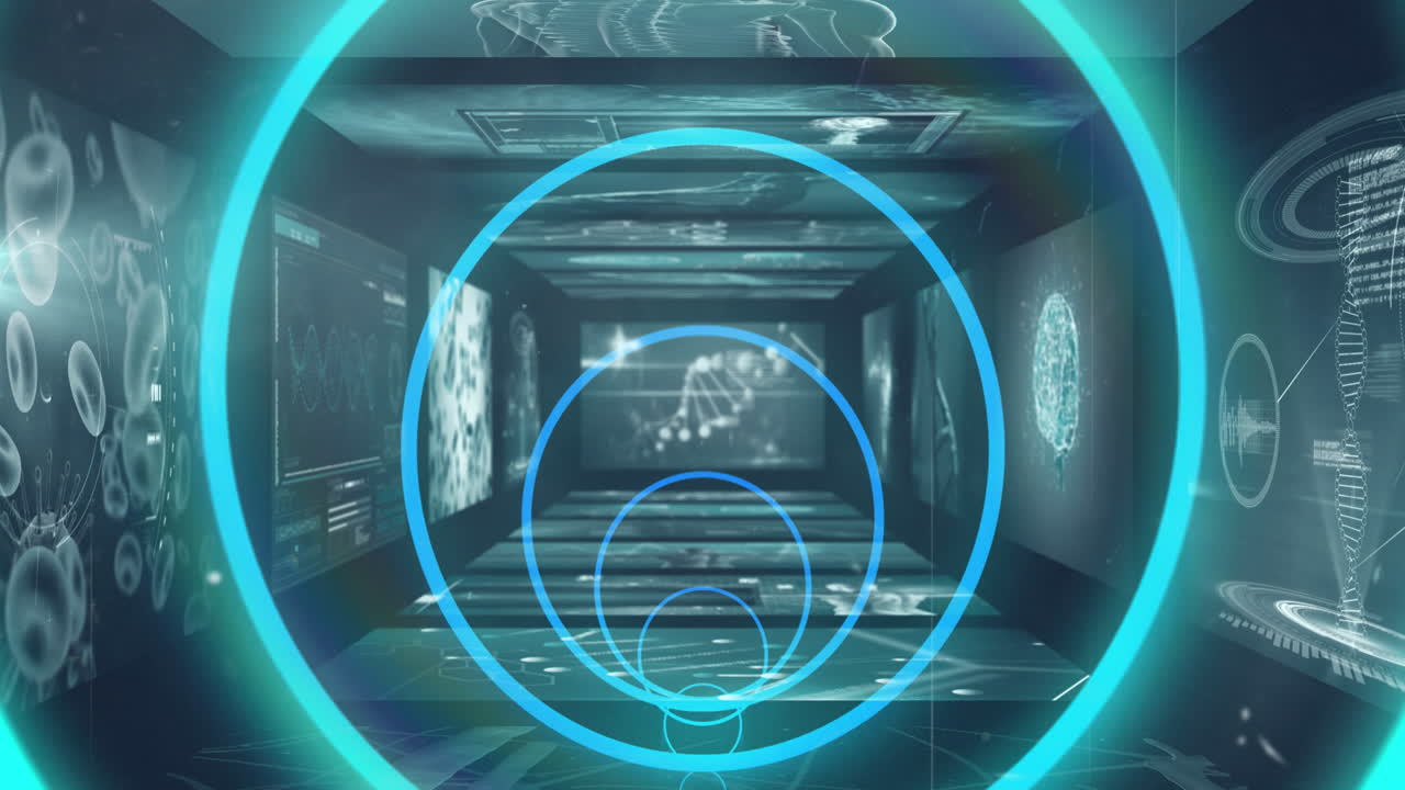 스크린에서 데이터 처리를 통해 파란 네온 기하학적 모양의 애니메이션