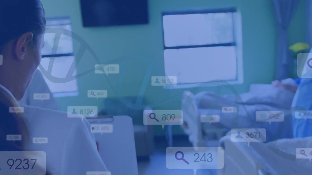 Animation of dna strand with numbers over diverse doctors and patients at hospital