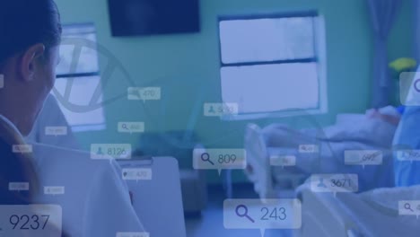animation of dna strand with numbers over diverse doctors and patients at hospital