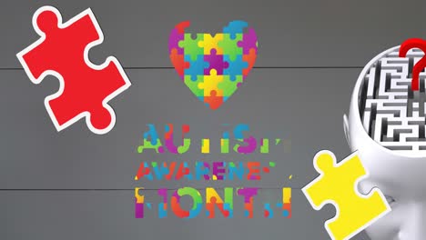 animación del mes de concienciación sobre el autismo piezas de rompecabezas coloridas que forman mano, texto y cerebro con laberinto