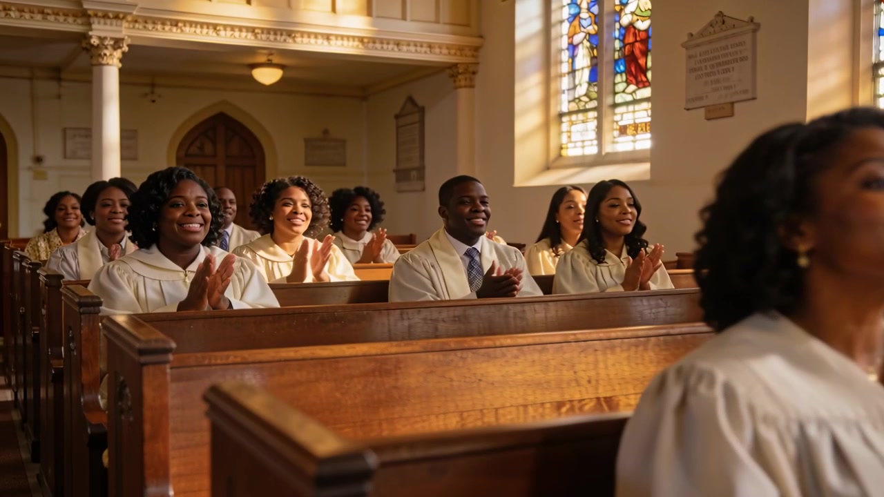 Singing lead singer raising hand causing choir in robes clapping in church stained-glass