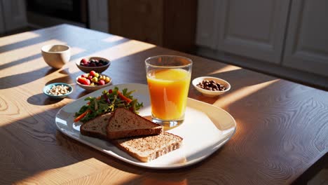 sunlight illuminates a vegan breakfast consisting of orange juice, whole wheat toast and mixed salad, served on a white tray on a wooden table