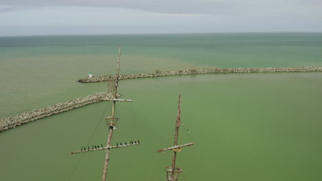 rusty red shipwreck stuck in shallow green water