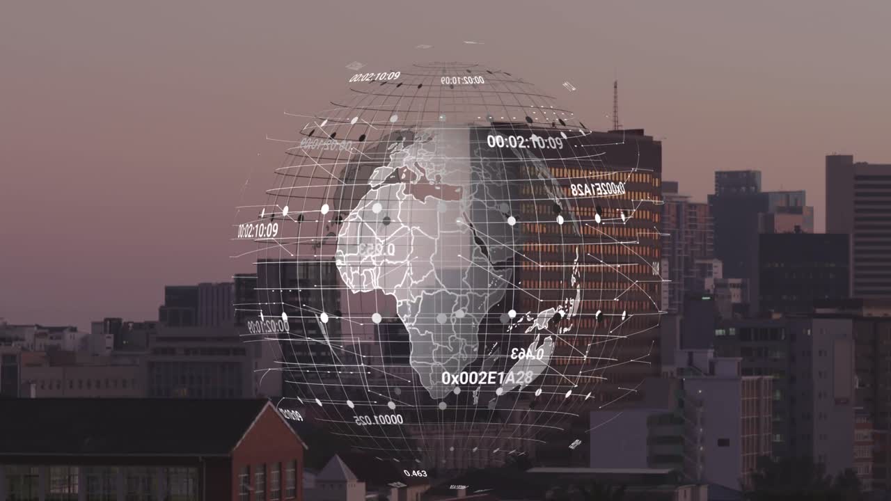 Animation of globes over cityscape