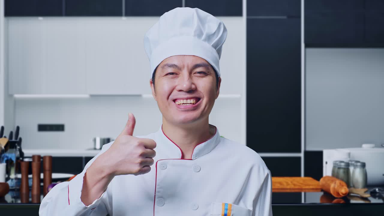 primer plano de un cocinero asiático sonriendo y mostrando los pulgares hacia arriba en un gesto a la cámara mientras está de pie en la cocina de casa