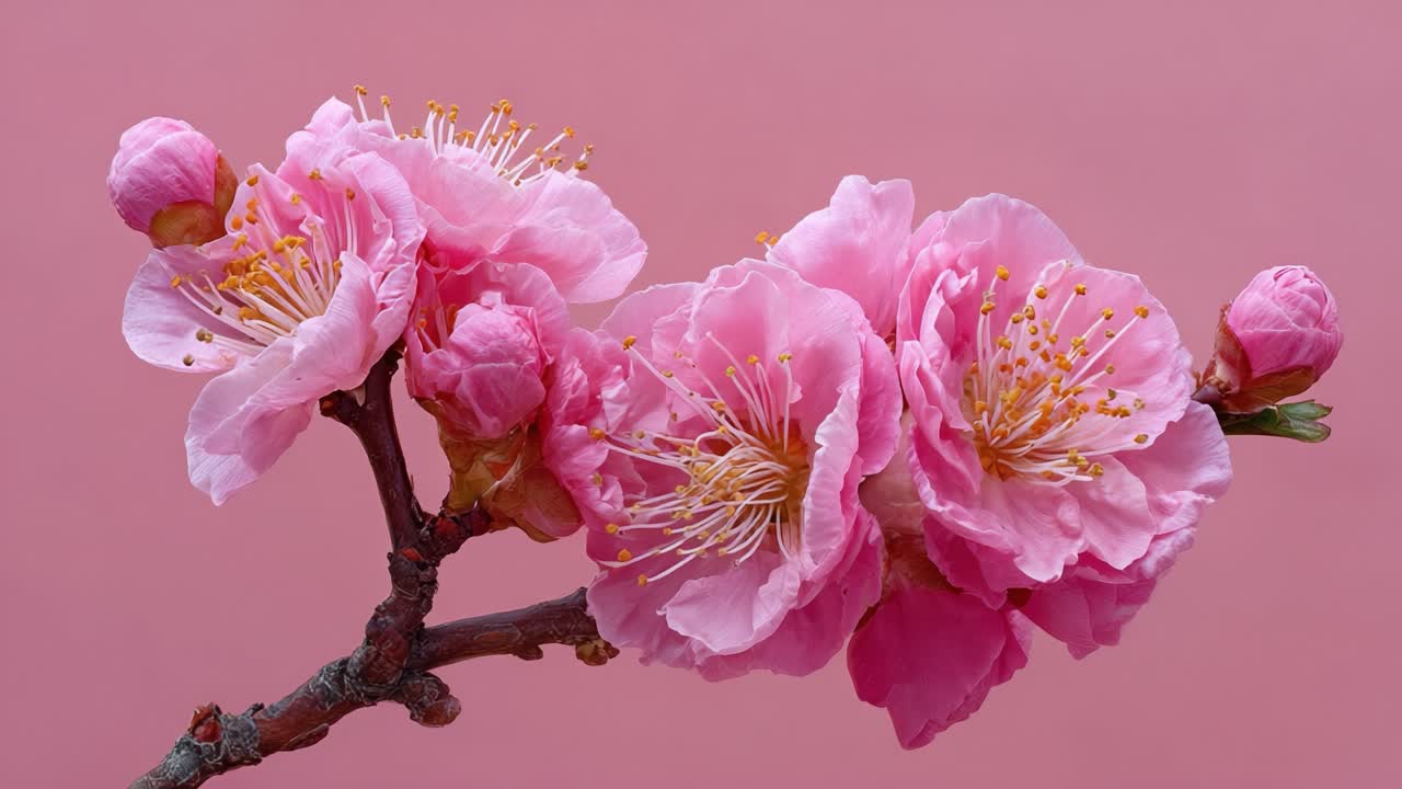 Stunning Close-Up of Pink Blossoms on a Branch Against a Soft Pink Background, Showcasing the Delicate Beauty of Nature's Springtime Blooms and Their Vibrant Colors