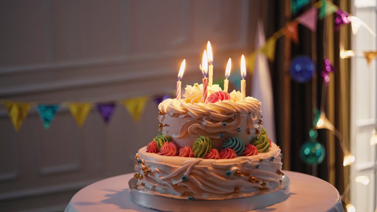 Primo piano all'altezza degli occhi di una torta di compleanno decorata con candeline accese, per catturare un'atmosfera celebrativa