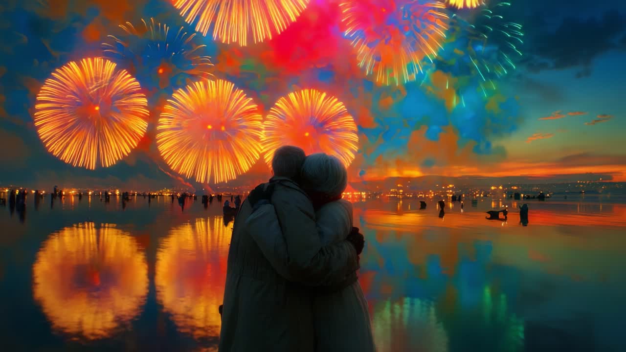 A Heartwarming Moment Captured in Vibrant Colorful Fireworks Display as a Couple Embraces by the Water, Reflecting Warmth and Togetherness Against a Dazzling Evening Sky