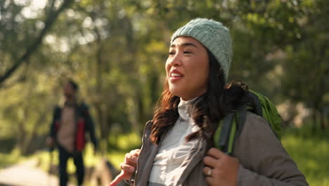 peace, hiking and relax with couple in forest