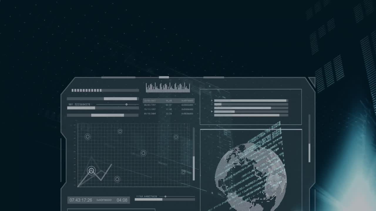 Animation of multiple graphs, loading bars and globes over lens flares against black background
