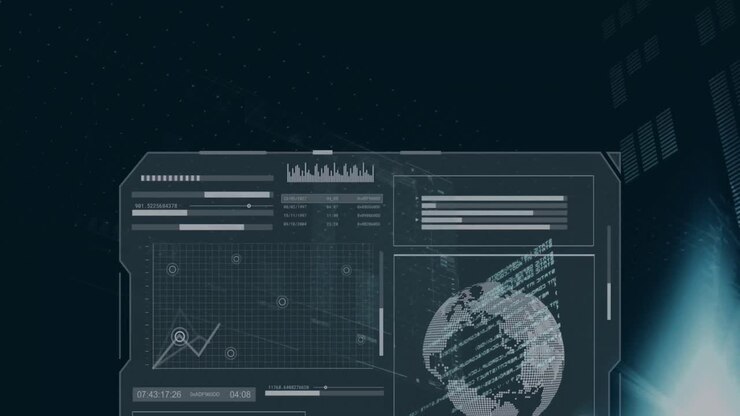 Animation of multiple graphs, loading bars and globes over lens flares against black background