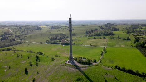 aerial view of a radio tower in skamlebæk, odsherred with the beautiful coastline of sejerøbugten, zealand, denmark