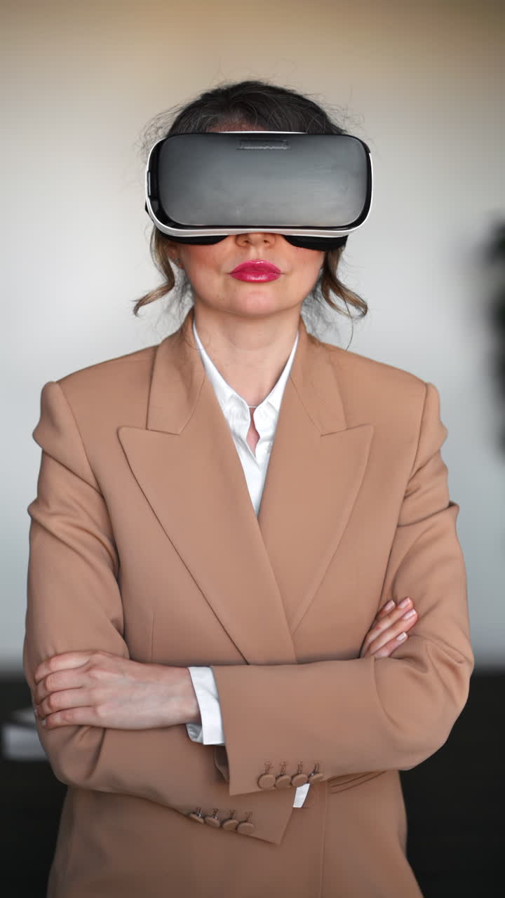 Woman using a Virtual Reality headset in an office. Vertical