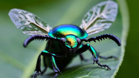 iridescent green and blue beetle with spread wings on a leaf