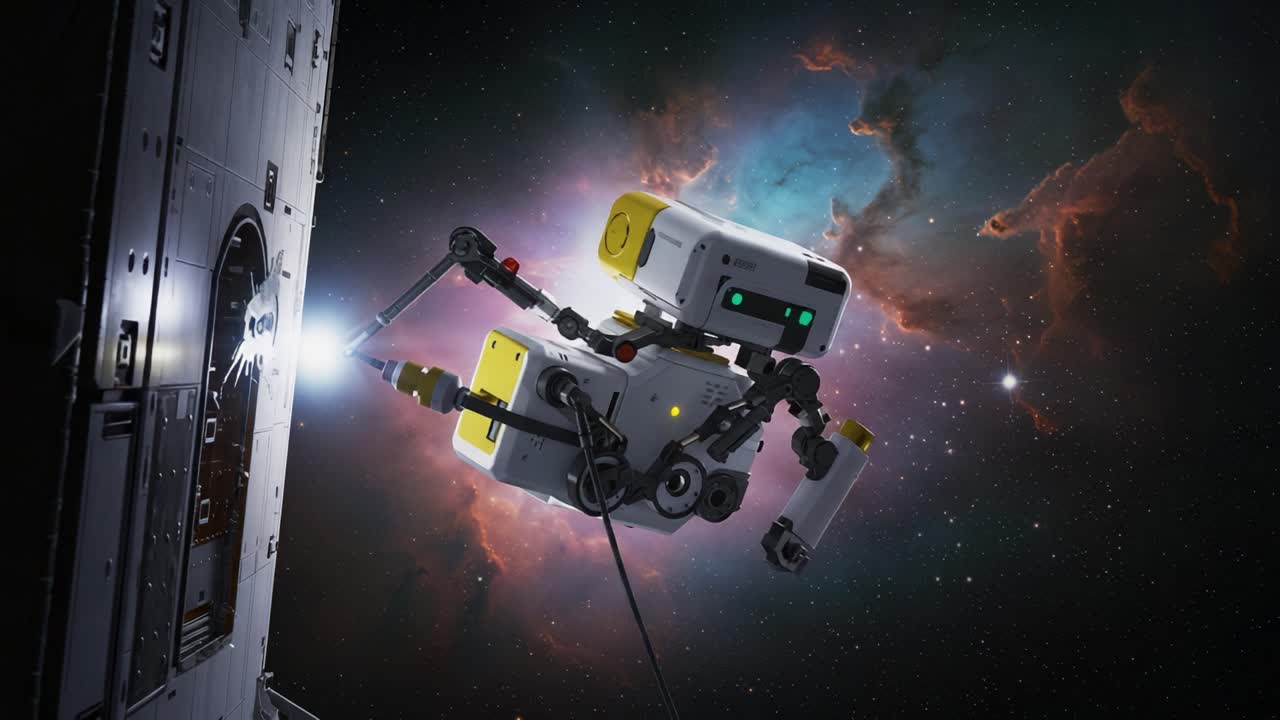 A futuristic robotic assistant explores the depths of space, diligently working on a spacecraft amidst a breathtaking cosmic backdrop filled with vibrant colors and starry wonders