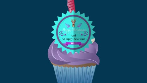 Animation-of-christmas-greetings-on-tag-over-cupcake-on-navy-background