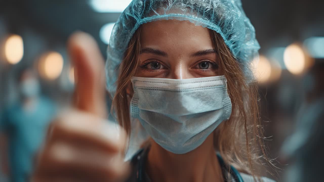 A Healthcare Professional's Encouraging Thumbs Up: Captivating Moment in a Hospital Environment with a Masked Individual Displaying Optimism and Commitment to Care