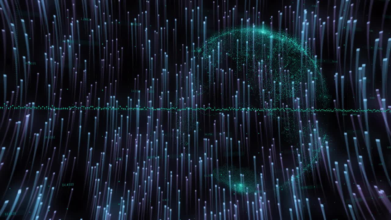 Animation initiating pulsing columns streaming green waveform forming dispersing globe showing flow