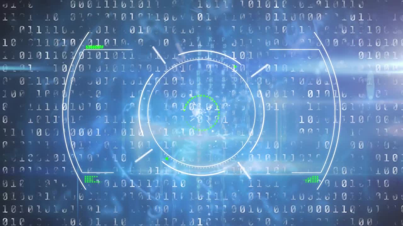 Scope scanning over spot of light and binary coding data processing on blue background