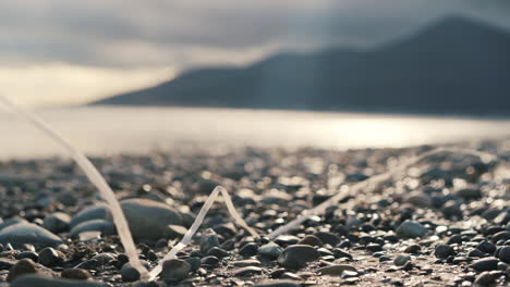 plastic washed up on beautiful spring tide beach with mountains in background