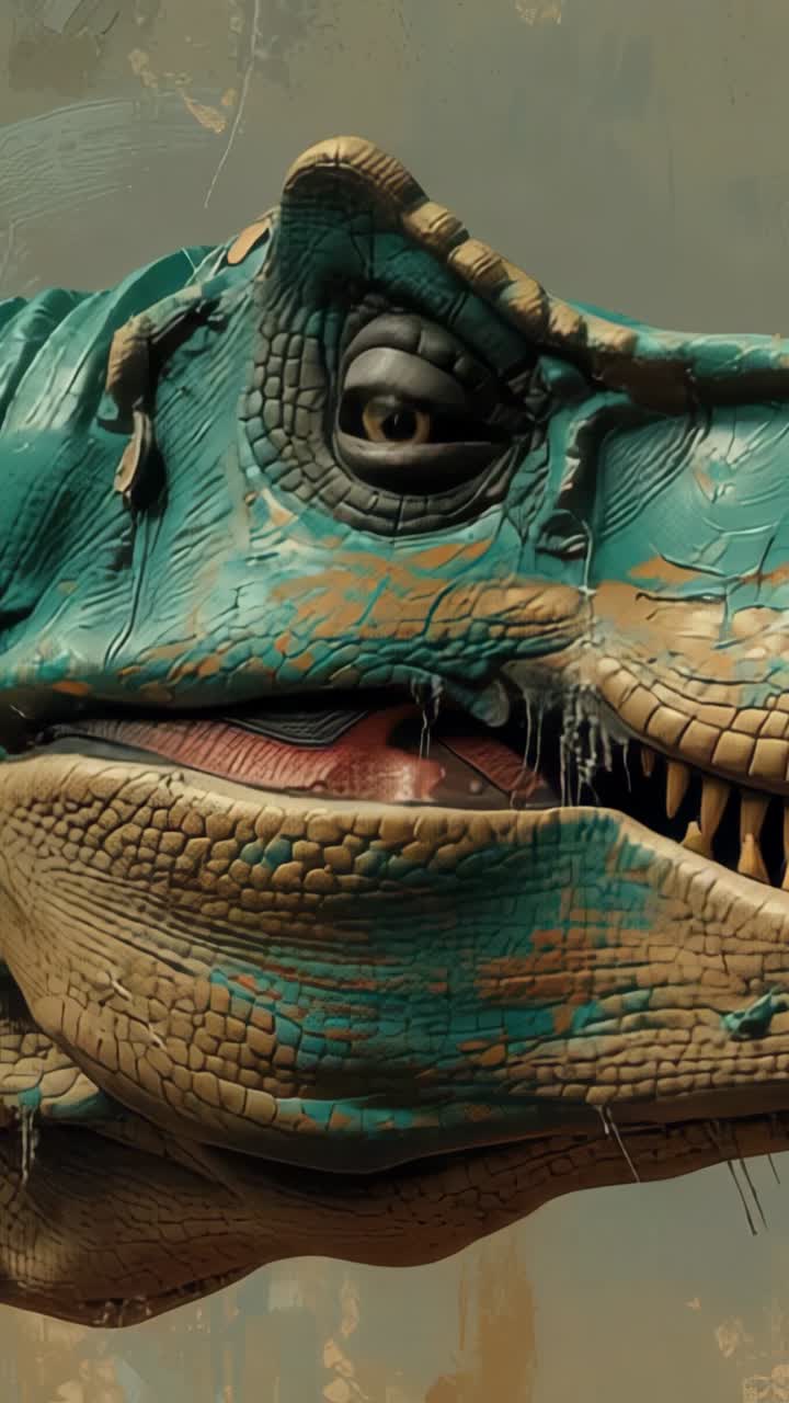 Vertical video: Starting CGI reptilian head blinking on mottled backdrop, revealing scale detail