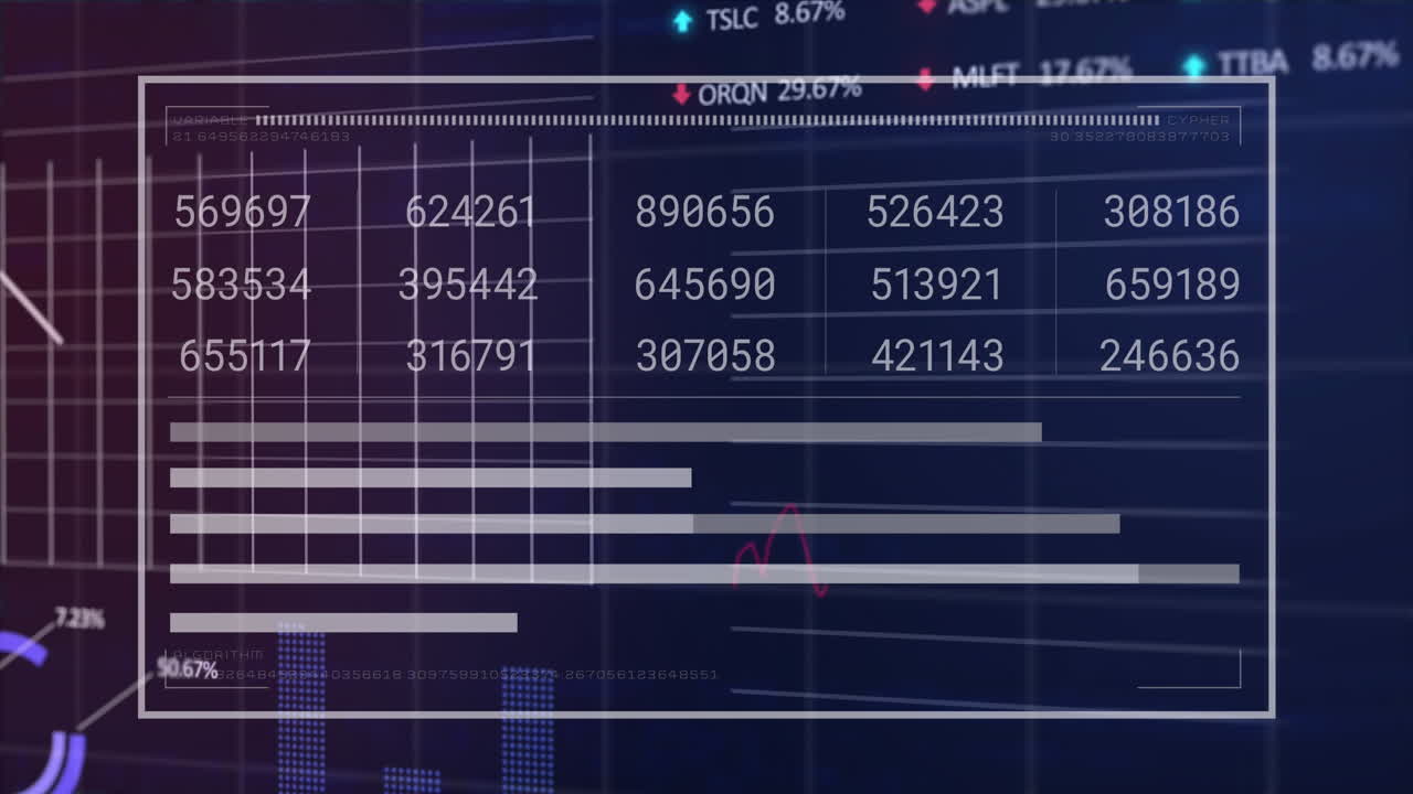 Animation of interface with statistical and stock market data processing against blue background