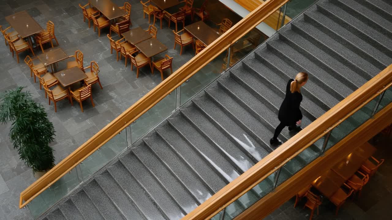 A Solitary Figure Ascending a Modern Staircase in a Spacious Dining Area with Empty Tables and Chairs, Surrounded by Contemporary Architectural Elements