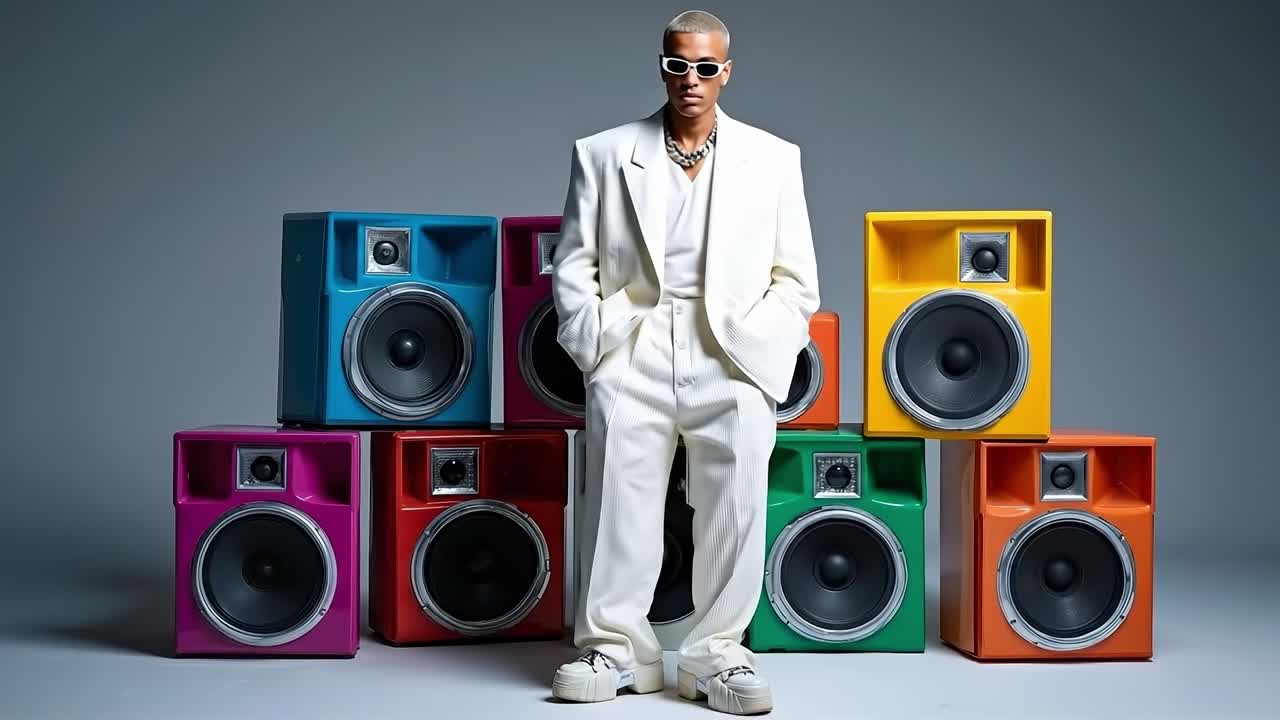 A man in a white suit standing in front of a stack of colorful speakers