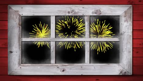 Animation-of-window-with-yellow-christmas-and-new-year-fireworks-exploding-in-night-sky