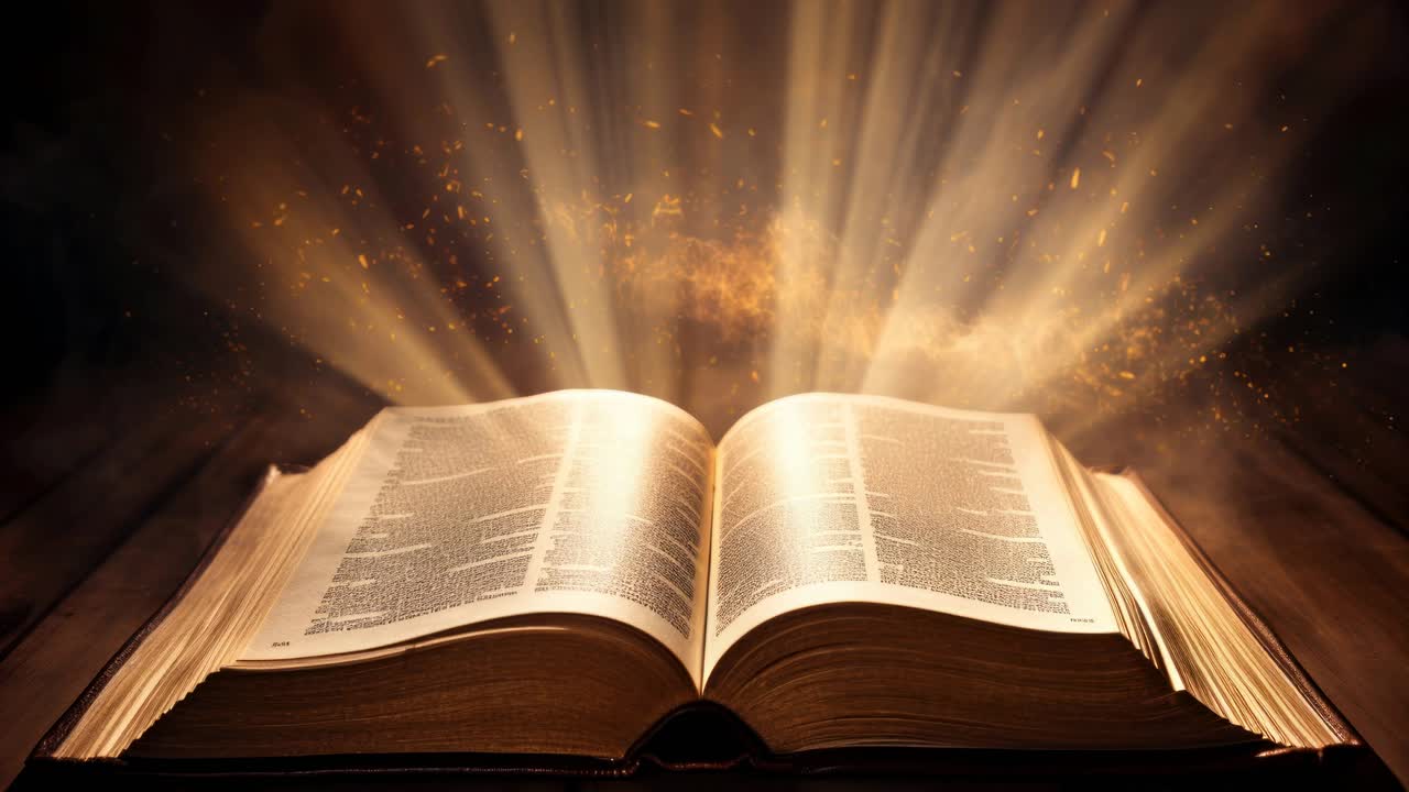 Eine dramatische Aufnahme aus der Froschperspektive eines geöffneten Buches, aus dem goldene Lichtstrahlen austreten und eine mystische Atmosphäre schaffen