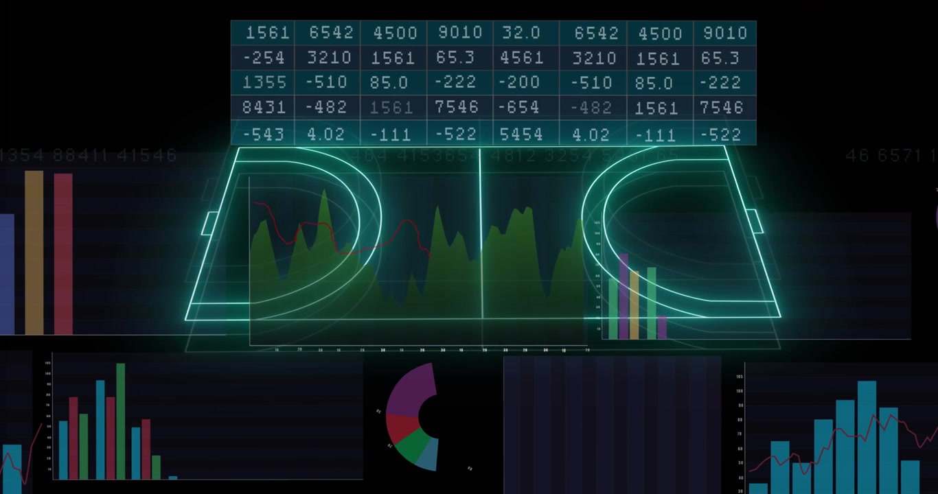Animation of computer graphic 3d neon soccer field over data, graphs, charts on digital interface