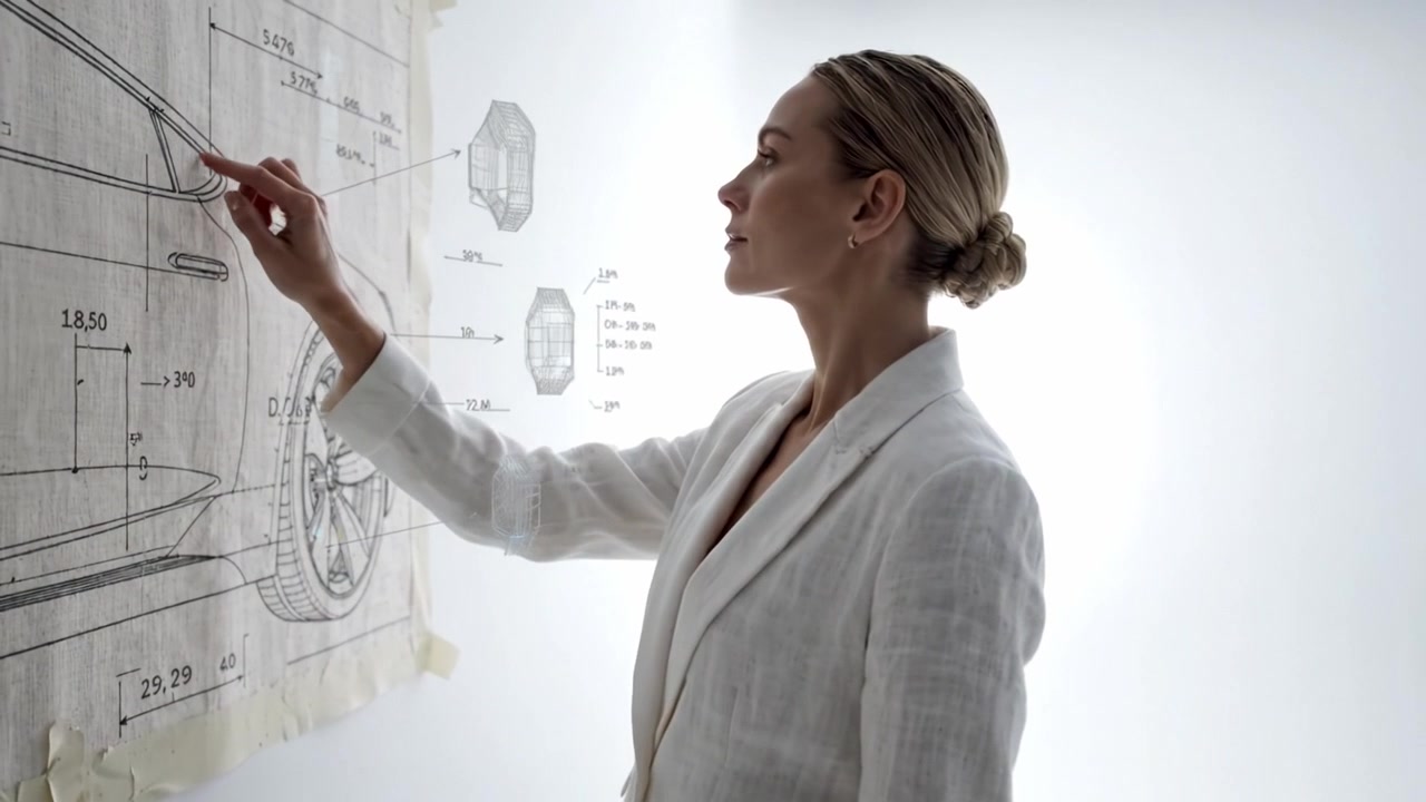 Uma Análise Cuidadosa de um Projeto de Design Automotivo em um Ambiente de Estúdio Minimalista por uma Mulher em Traje Formal, Destacando Inovação e Criatividade