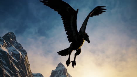 mythical bird soaring above mountains at sunset