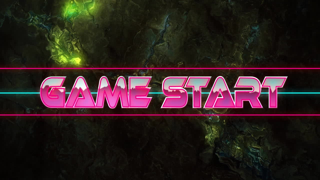 Animation of Game Start text in bold pink over dark background with green highlights