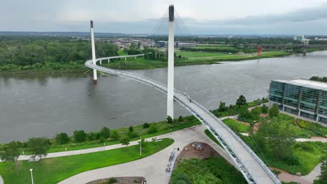 cable-stayed bridge over a river in omaha, ne with pedestrian walkways