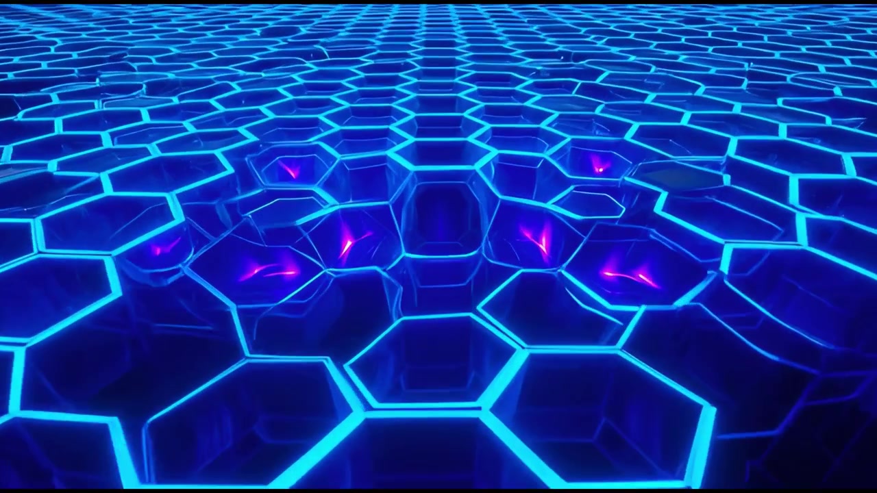 Animação 3D Abstrata de Túnel de Grade Hexagonal Azul Brilhante