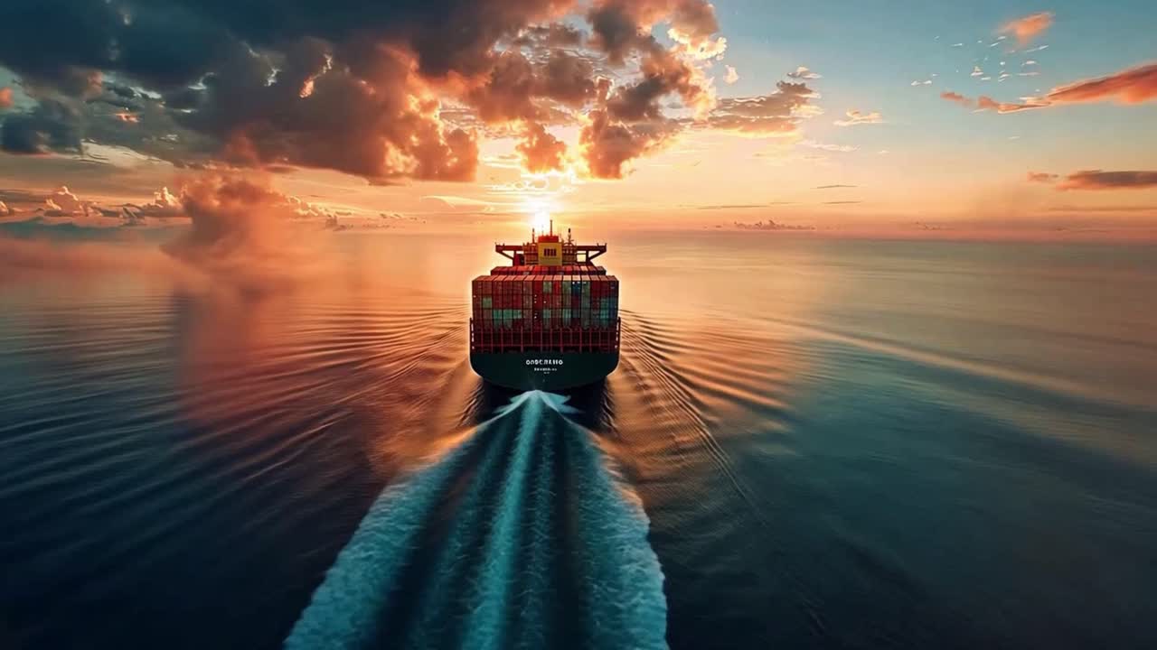 Large cargo ship sailing at sunset