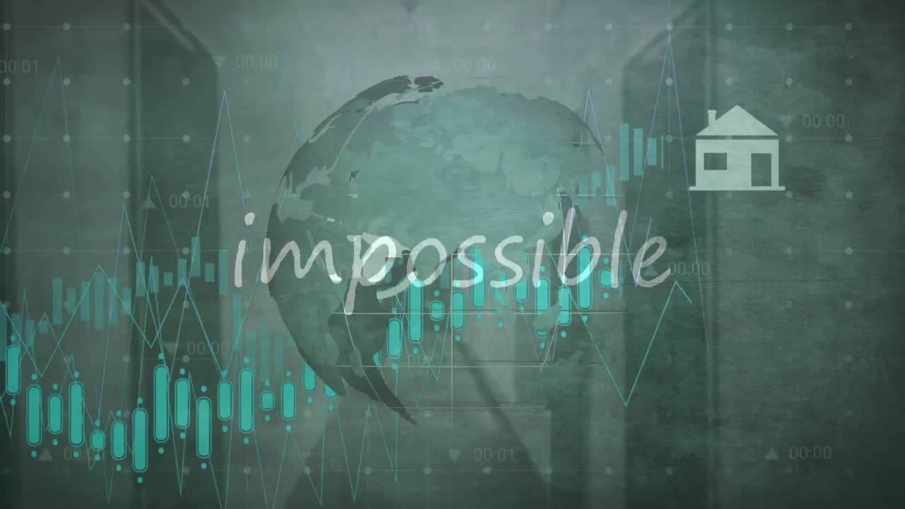전 세계 금융 데이터 처리 및 디지털 아이콘에 대한 불가능한 텍스트 배너의 애니메이션
