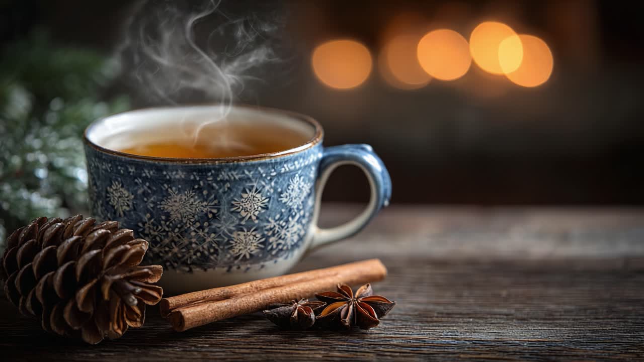Comforting Winter Evening with a Steaming Cup of Tea, Pine Cones, and Cinnamon Sticks Against a Softly Glowing Fire Background