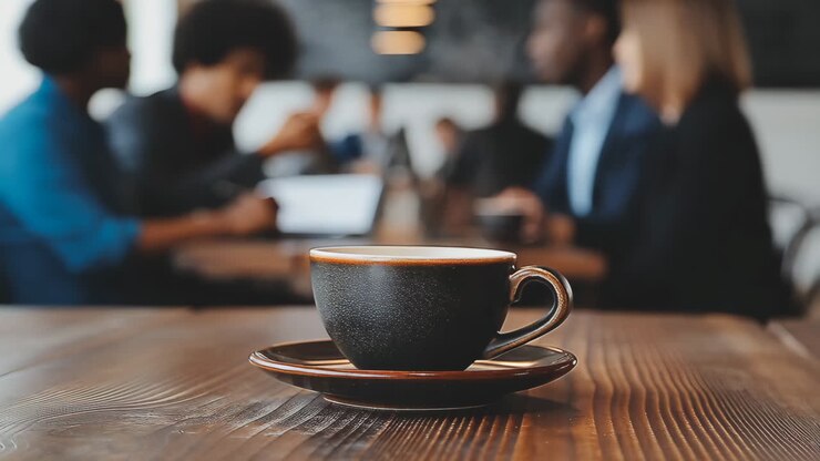 Coffee cup on a wooden table with people in a business meeting in the background