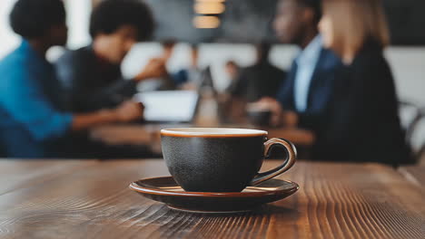 coffee cup on a wooden table with people in a business meeting in the background