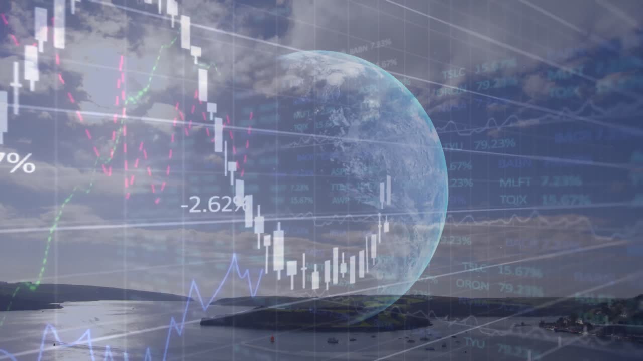 전 세계와 풍경에 대한 금융 데이터 처리 애니메이션
