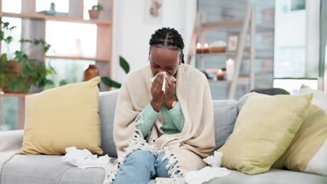 sneeze, blowing nose and black woman on a sofa