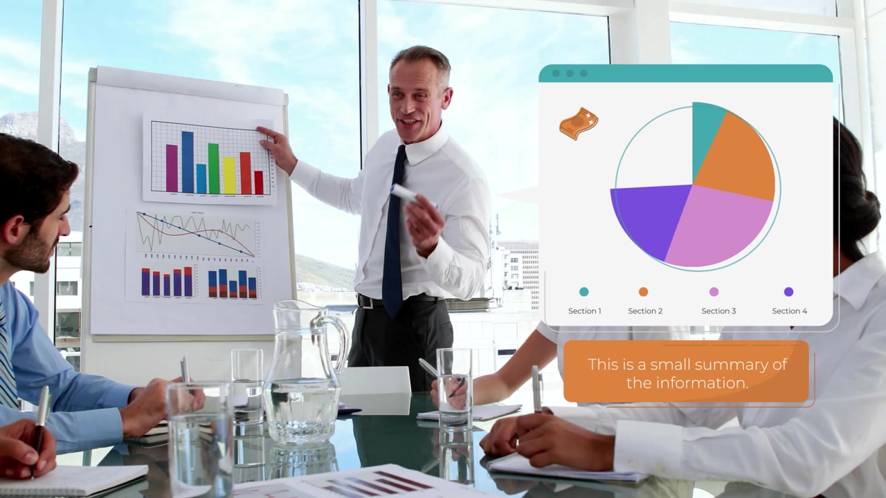 Presentación empresarial con gráficos y diagramas de datos animados
