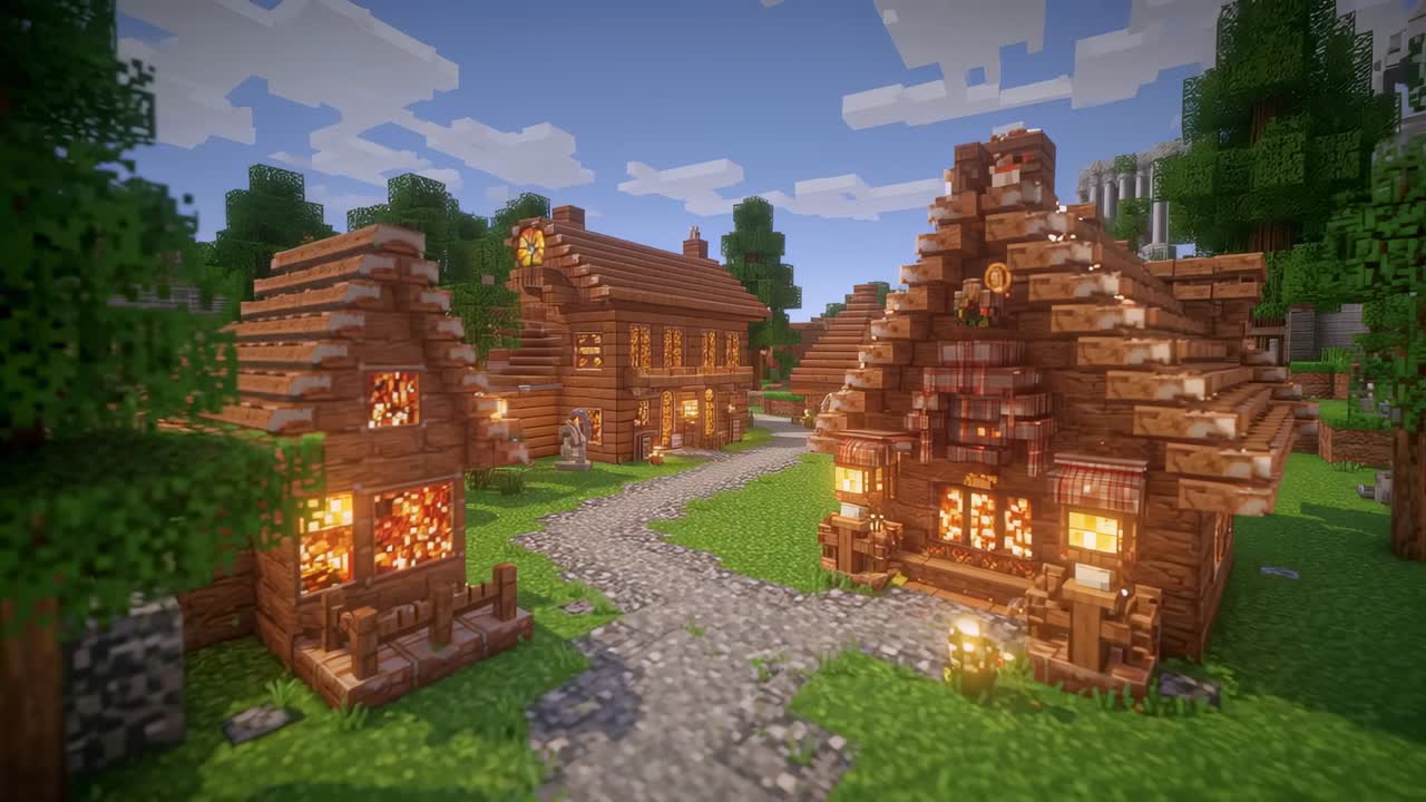 Shifting camera framing three wooden cottages on cobblestone path, highlighting warm lantern glow
