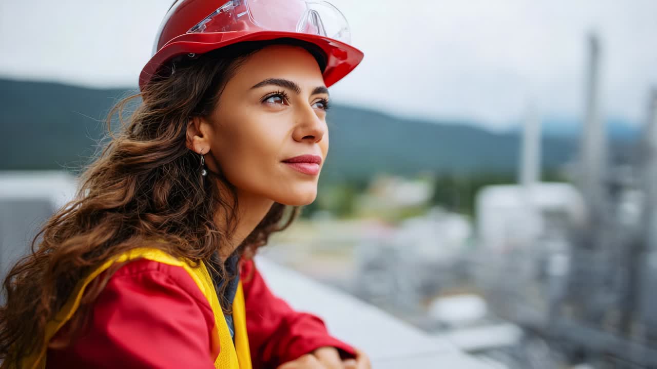 A thoughtful construction worker gazes over an industrial landscape while wearing a hard hat and safety gear, reflecting on her role in shaping the future of sustainable engineering and safety protocols